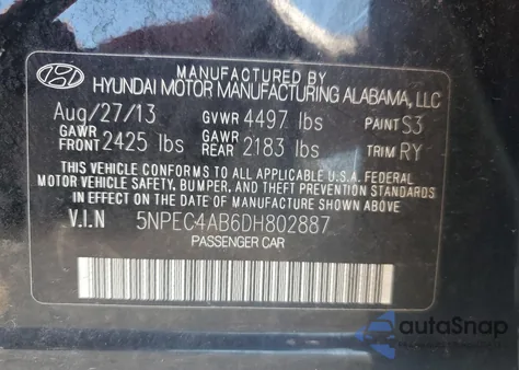 2013 Hyundai Sonata Se z USA, uszkodzony, nr VIN 5NPEC4AB6DH802887